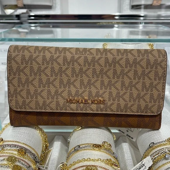 Michael Kors Jet Set Large Logo Trifold Wallet Camel Multi  NWT