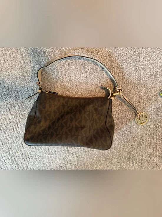 Michael Kors Brown & Tan Logo Wristlet with Gold Charm