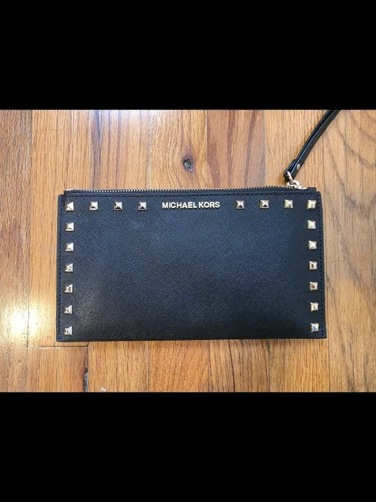 Michael Kors Black Wristlet with Gold Pyramid Studs