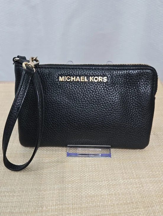 Michael Kors Black Leather Wristlet Clutch with Gold Hardware