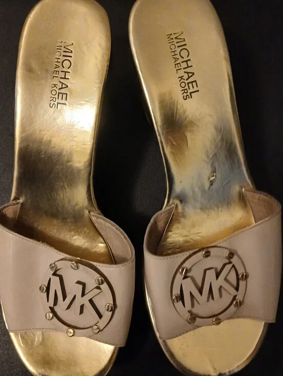 Michael Kors Gold Insole Nude/Tan Logo Slide Sandals