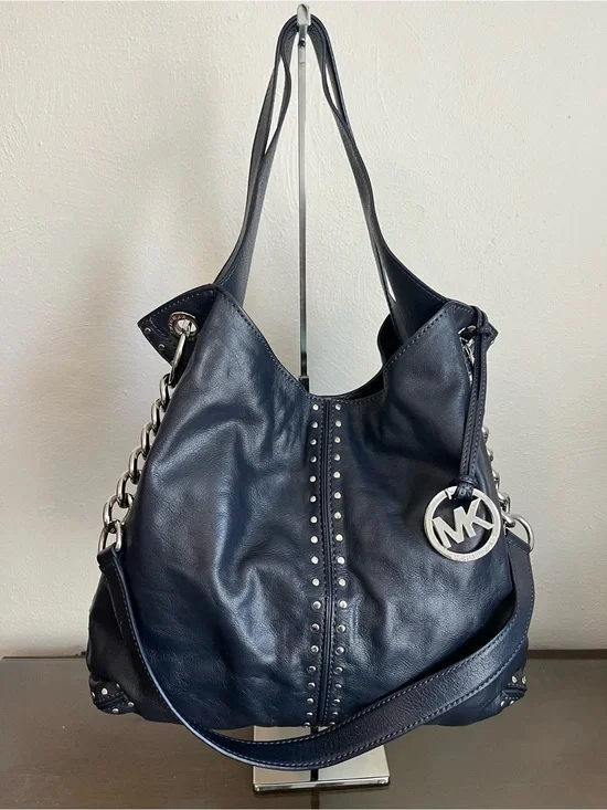 Michael Kors Navy Leather Studded Hobo Shoulder Bag with MK Charm