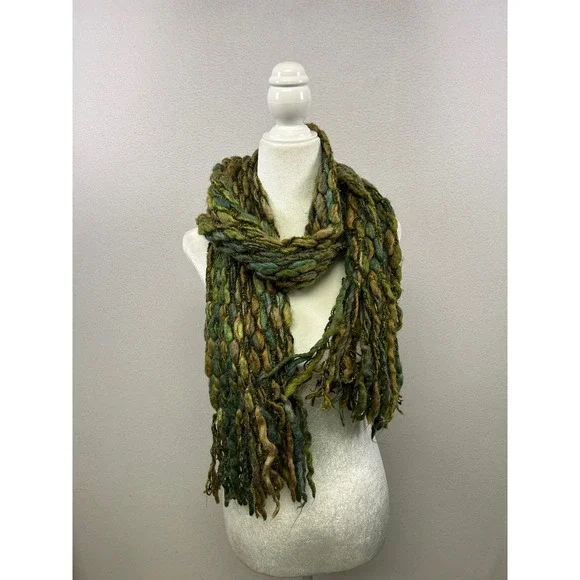 Boho‎ Earthy Talbots Womens Green Multi Chunky Knit Wool Blend Scarf Italy