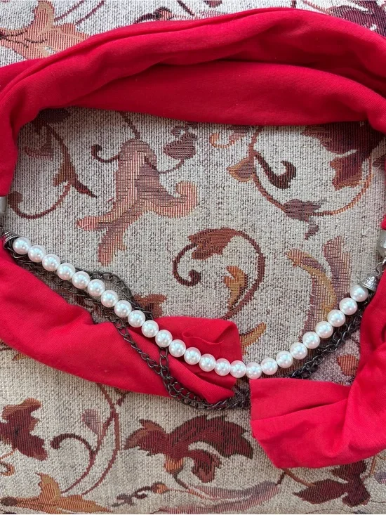 Red Fabric Scarf Necklace with Faux Pearl & Chain Accent