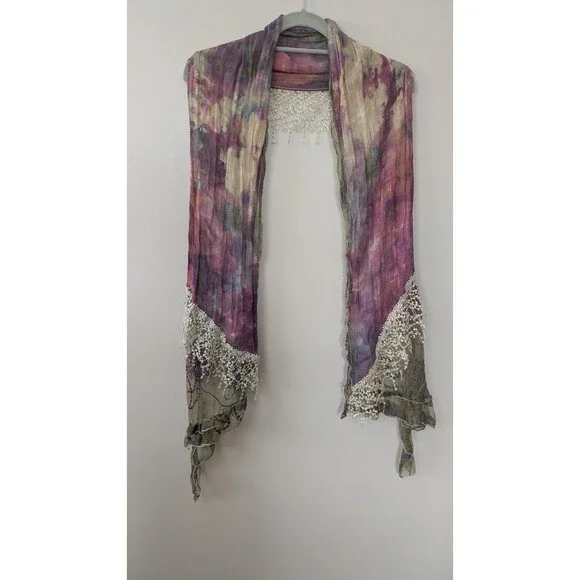 Womens Scarf  Fairy Grunge Whimsygoth Boho Embroidered Lace Tie Dye Eclectic