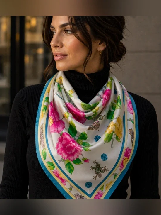 Adrienne Landau Floral Silk Square Scarf White Pink Blue Botanical Print