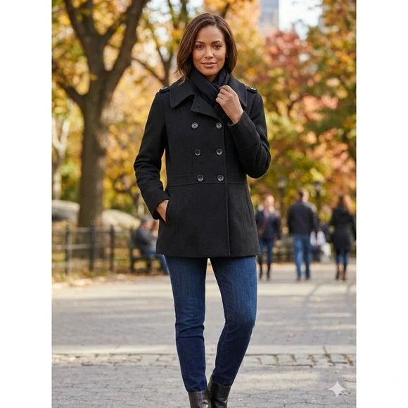 Michael Kors Womens Black Wool Blend Double Breasted‎ Pea Coat Jacket Size L