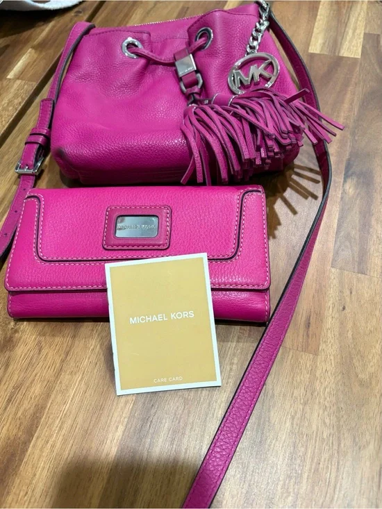 Michael Kors Hot Pink Pebbled Leather Crossbody with Tassel & Wallet