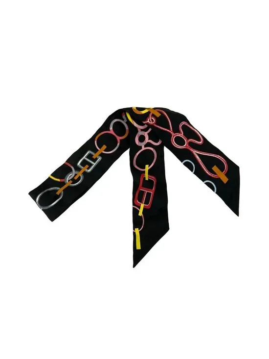 Hermes Scarf Twill Black Multi Ribbon Re Boucles