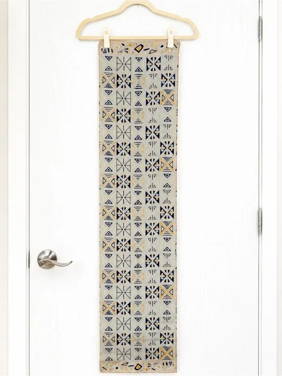 Rene Pure Soie 100% Silk Geometric Oblong Scarf Beige Blue Mustard Abstract