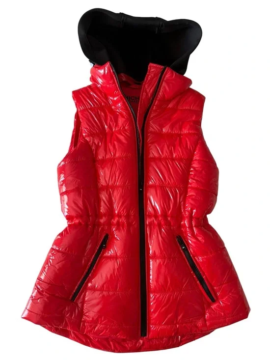 Michael Kors Glossy Red Puffer Vest with Removable Hoodie - Size Small