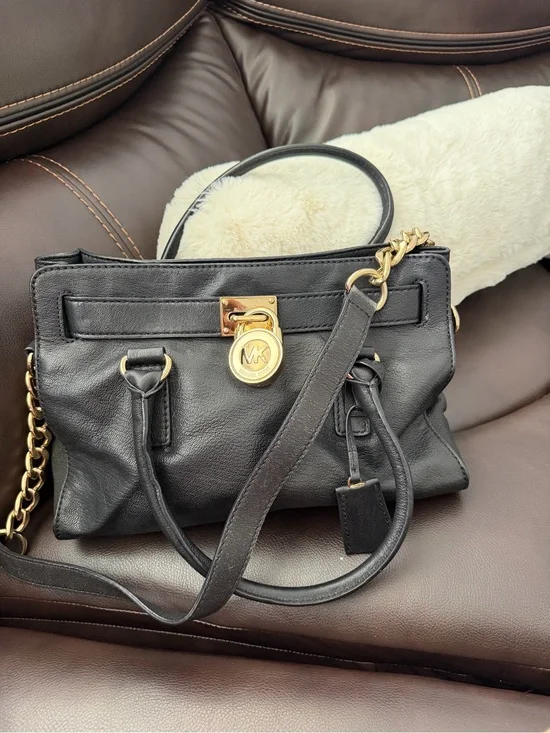 Michael Kors Black Leather Hamilton Satchel Bag Medium GHW Authentic