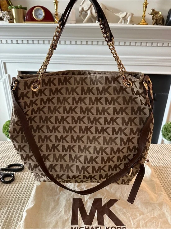 Michael Kors Jet Set Signature Monogram Jacquard Chain Shoulder Tote