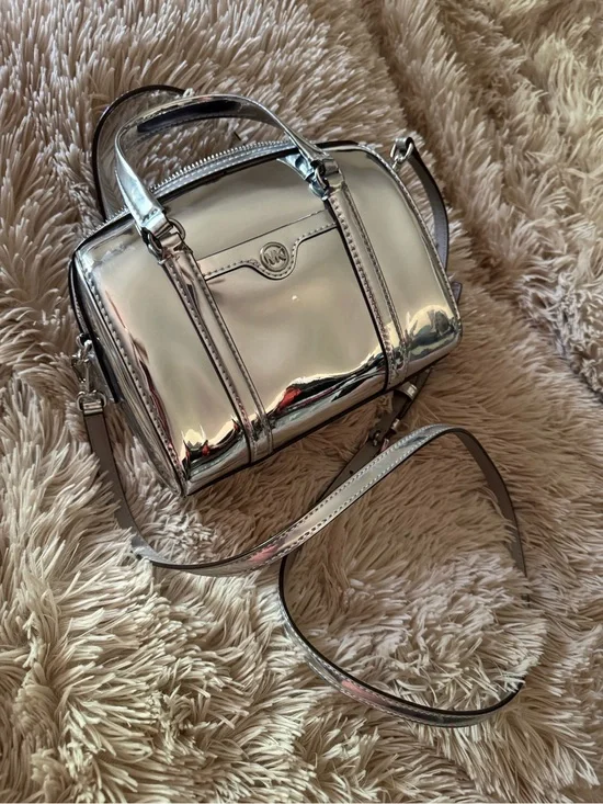 Michael Kors Metallic Silver Mirror Mini Barrel Satchel Crossbody Bag