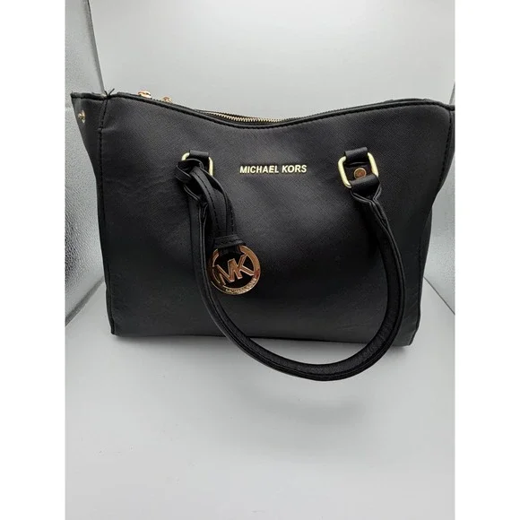 Michael Kors Black Saffiano Leather Tote Bag Gold Hardware MK Logo Handbag