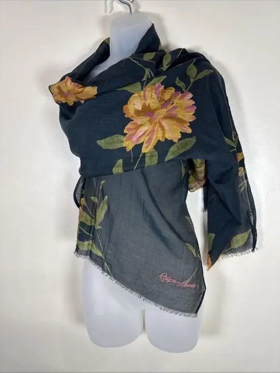 VTG Polo Ralph Lauren Scarf Embroidered Logo Dark Floral Preppy Classic Romantic