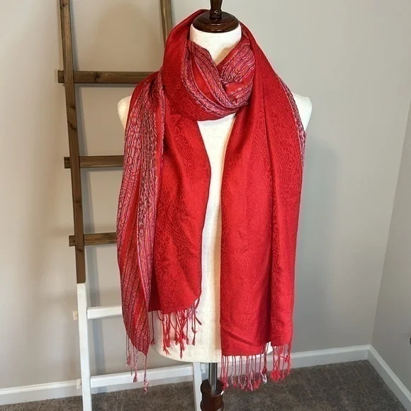 Soft Red Scarf with Striping and Fringe- Viscose and Acrylic Blend