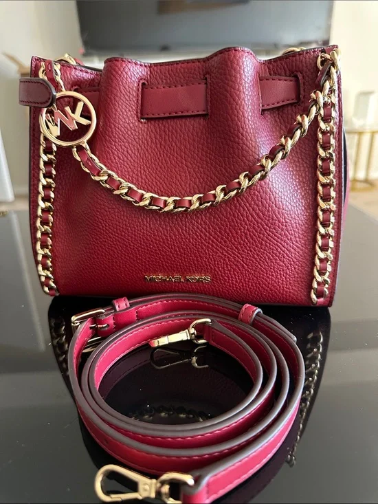 Michael Kors Burgundy Pebbled Leather Mini Bucket Bag with Gold Chain