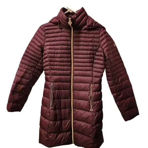 Michael Kors Down Packable Lightweight Puffer Full Length Jacket Maroon Women’s