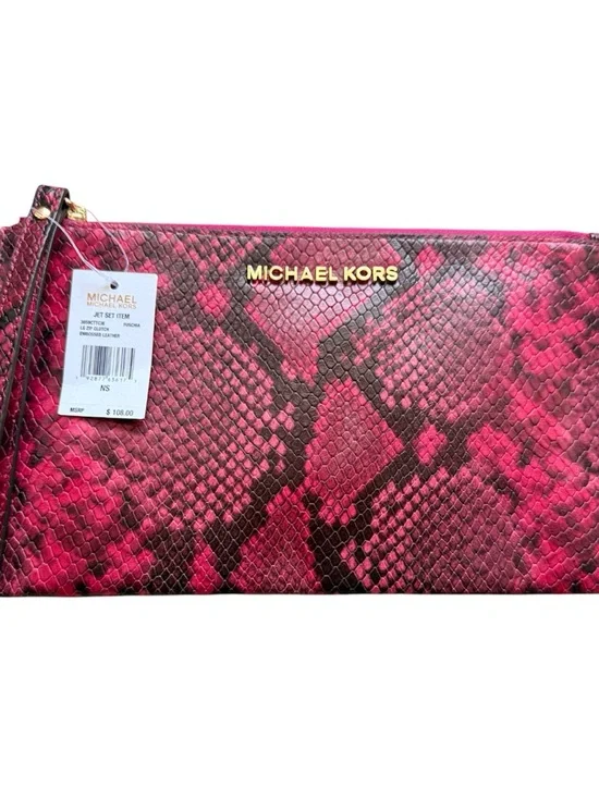 Michael Kors Fuchsia Snake-Print Leather Wristlet with Gold Logo