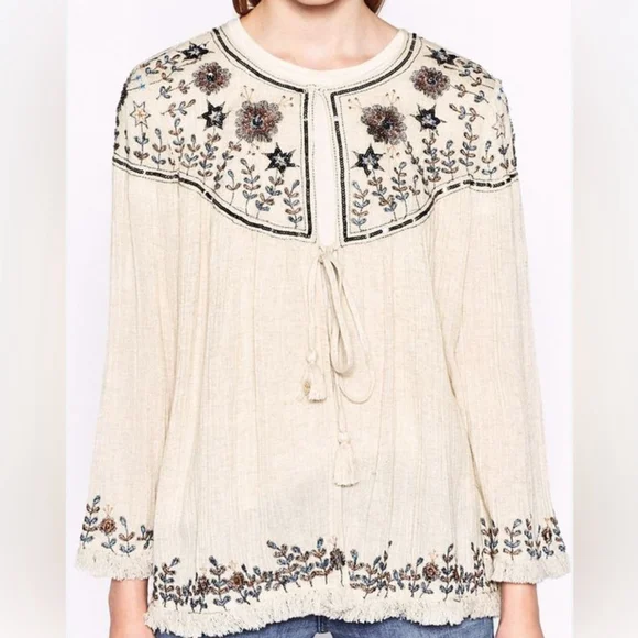 ZARA Jacket Top Medium Beige Cotton Boho Sequin Embroidered Kaftan Top