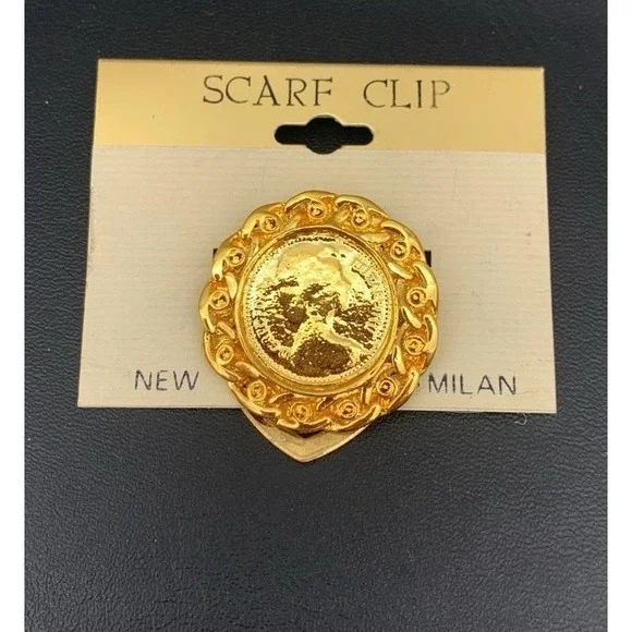 Vintage New Old Stock Gold Tone Coin Scarf Clip
