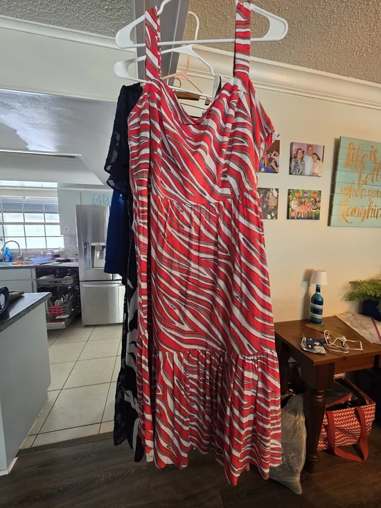 Michael Kors Red and White Striped Midi Dress