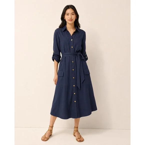 Michael Michael Kors Navy Blue Utility Shirt Dress XL Gold Buttons Belted