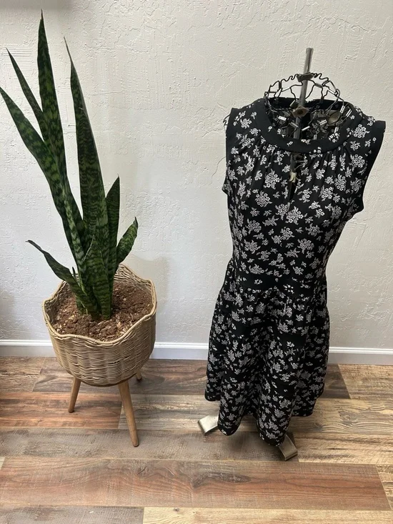 Michael Kors Black and‎ White Floral Midi Dress with High Neckline