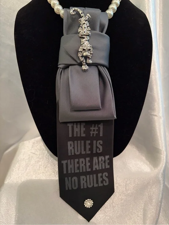 Statement Black Satin Tie Necklace with Rhinestone Lizard Pin
