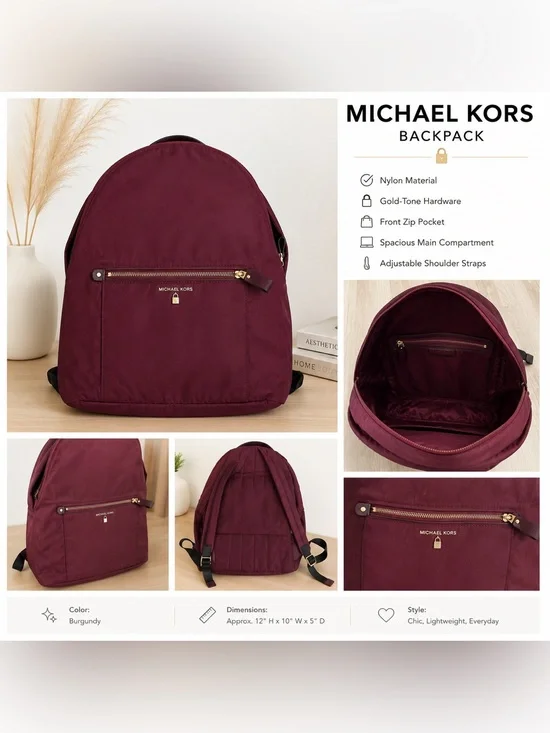Michael Kors Burgundy Nylon Backpack with Gold Hardware