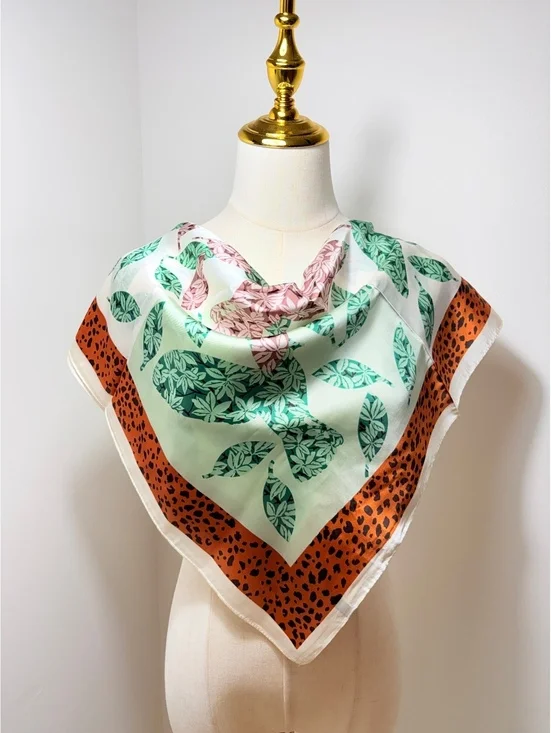Vintage Floral Leaf Print Square Scarf with Orange Leopard Border