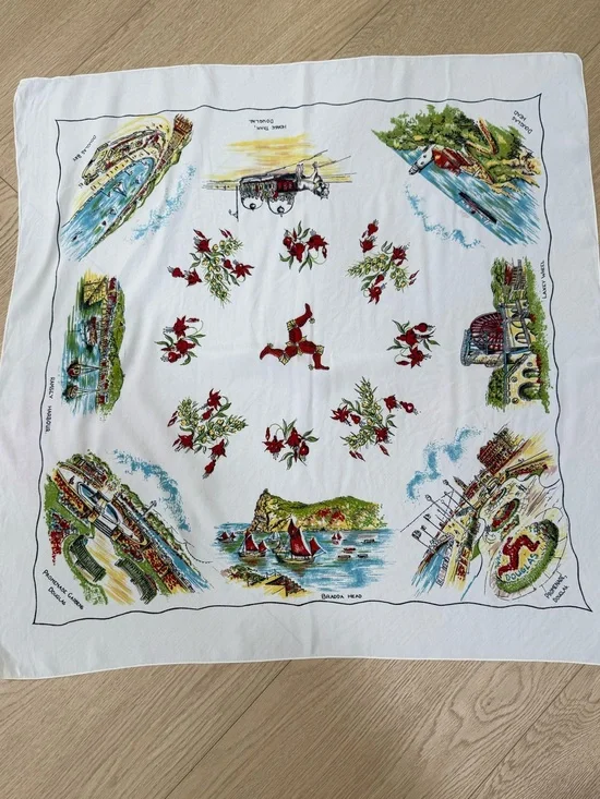 Vintage Isle of Man Souvenir Scarf 27” Bradda Head Douglas Travel Print