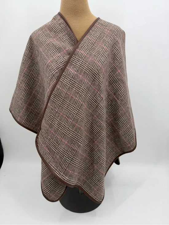 Talbots Wool Blend Plaid Cape Poncho M/L Brown Pink Glen Plaid Faux Leather Trim