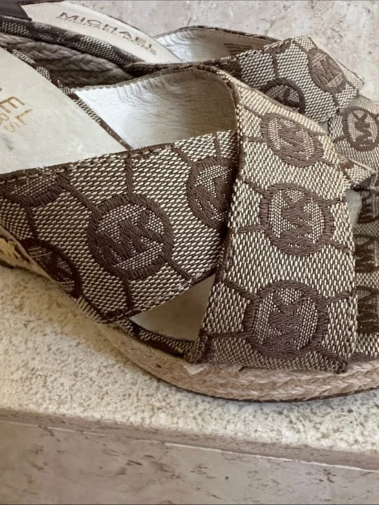 Michael Kors 7.5 Brown Logo Canvas Espadrille Wedge Sandals