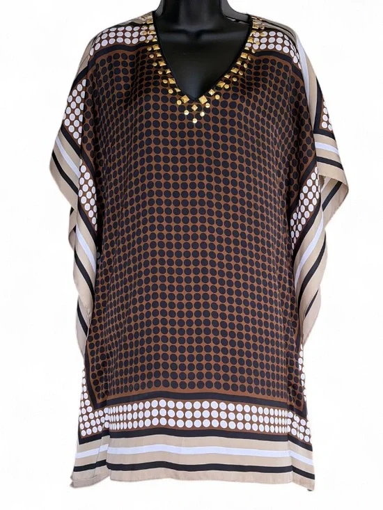 Brown Patterned V-Neck Women’s Tunic Dress