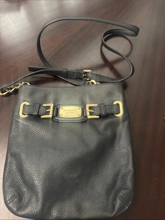 Michael Kors Black Pebbled Leather Crossbody with Gold Plaque