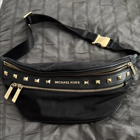 Michael Kors Black Studded Nylon Belt Bag with Gold Hardware