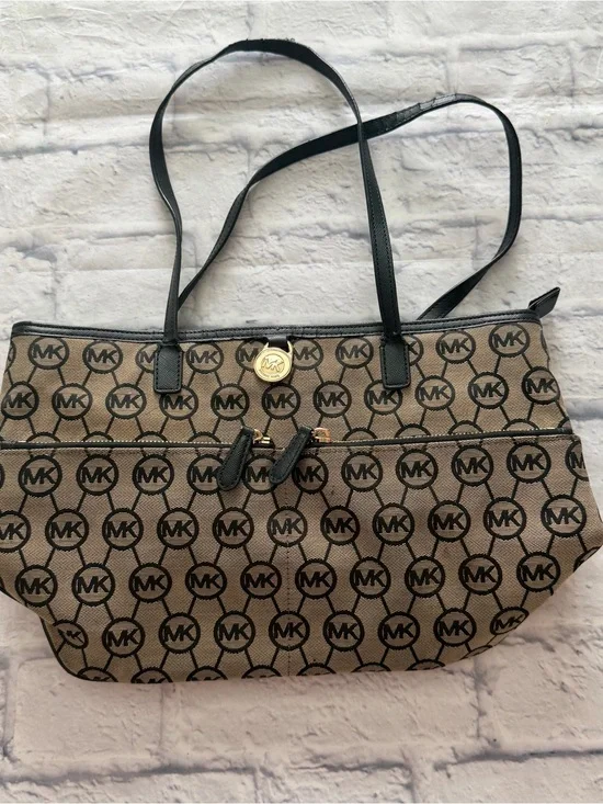 Michael Kors Kempton Pocket Tote | Monogram Tan Black Gold