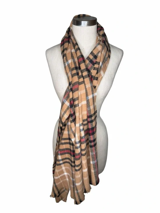 BANANA REPUBLIC‎ FACTORY Camel Plaid Fringe Wrap Scarf with Black & Red Checks