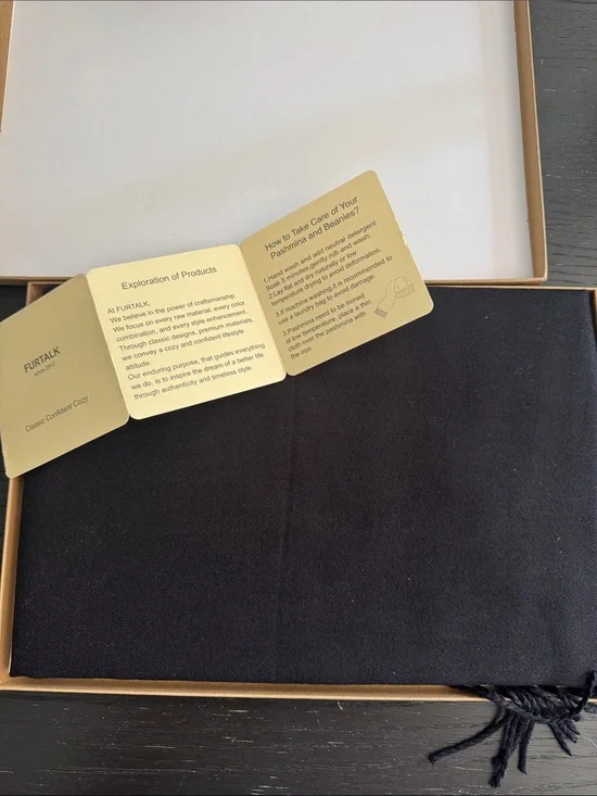 Furtalk black fringed pashmina, shawl, scarf wrap. New, in box.