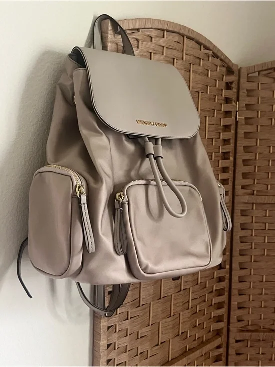 Michael Kors Taupe Nylon Drawstring Flap Backpack