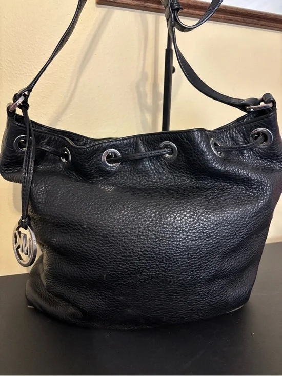 Michael Kors Black Pebbled Leather Drawstring Shoulder Bag
