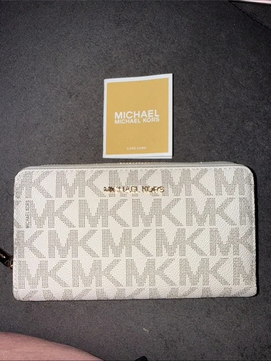 Authentic Brand New! Michael Kors Beige/Gold MK Logo Zip-Around Wallet.