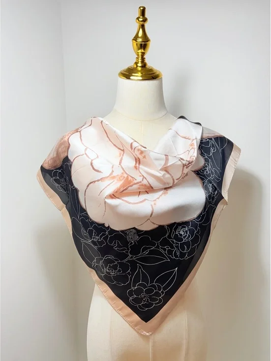 Elegant Floral Print Scarf in Black, White, and Beige