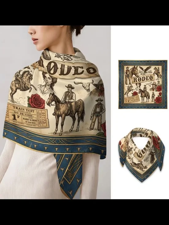 Western Rodeo Bandana Scarf 35” | Vintage Rodeo Cowgirl Square Scarf