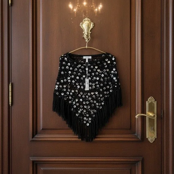 Mermaid Fashion Hip Scarf Womens S Black Cotton Sequin Fringe Boho Festival NEW