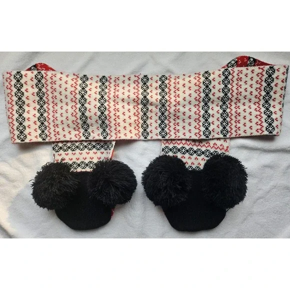 Disney Mickey Mouse PomPom Pocket Knit Winter Holiday Scarf Christmas Red White