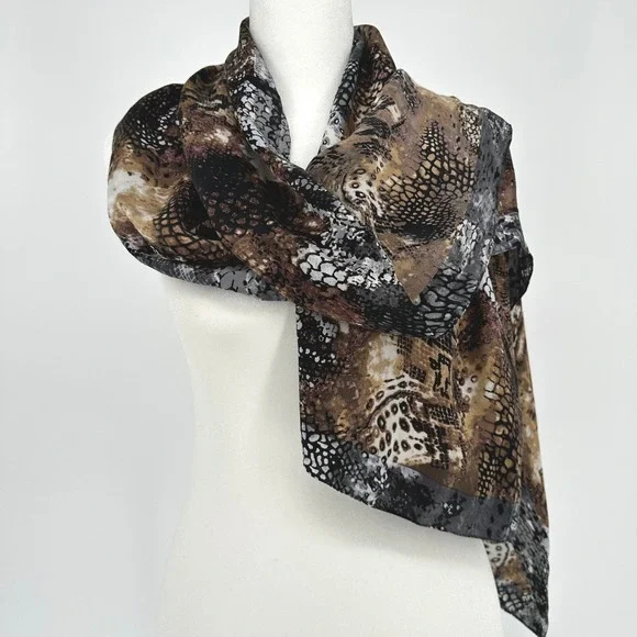 Cynthia Rowley 100% Silk Scarf Brown Grey Animal Snakeskin Leopard Print 65 x 14