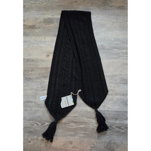 Smartwool Lifestyle Black Cable Knit Merino Wool Blend Tassel Scarf NWT
